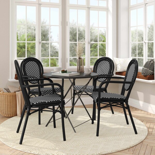 Flash Furniture Lourdes Thonet French Bistro Stacking Chair w/Arms, Blk and Wht PE Rattan and Black Alum Frame, 4PK 4-SDA-AD642002A-BKWH-BK-GG - main